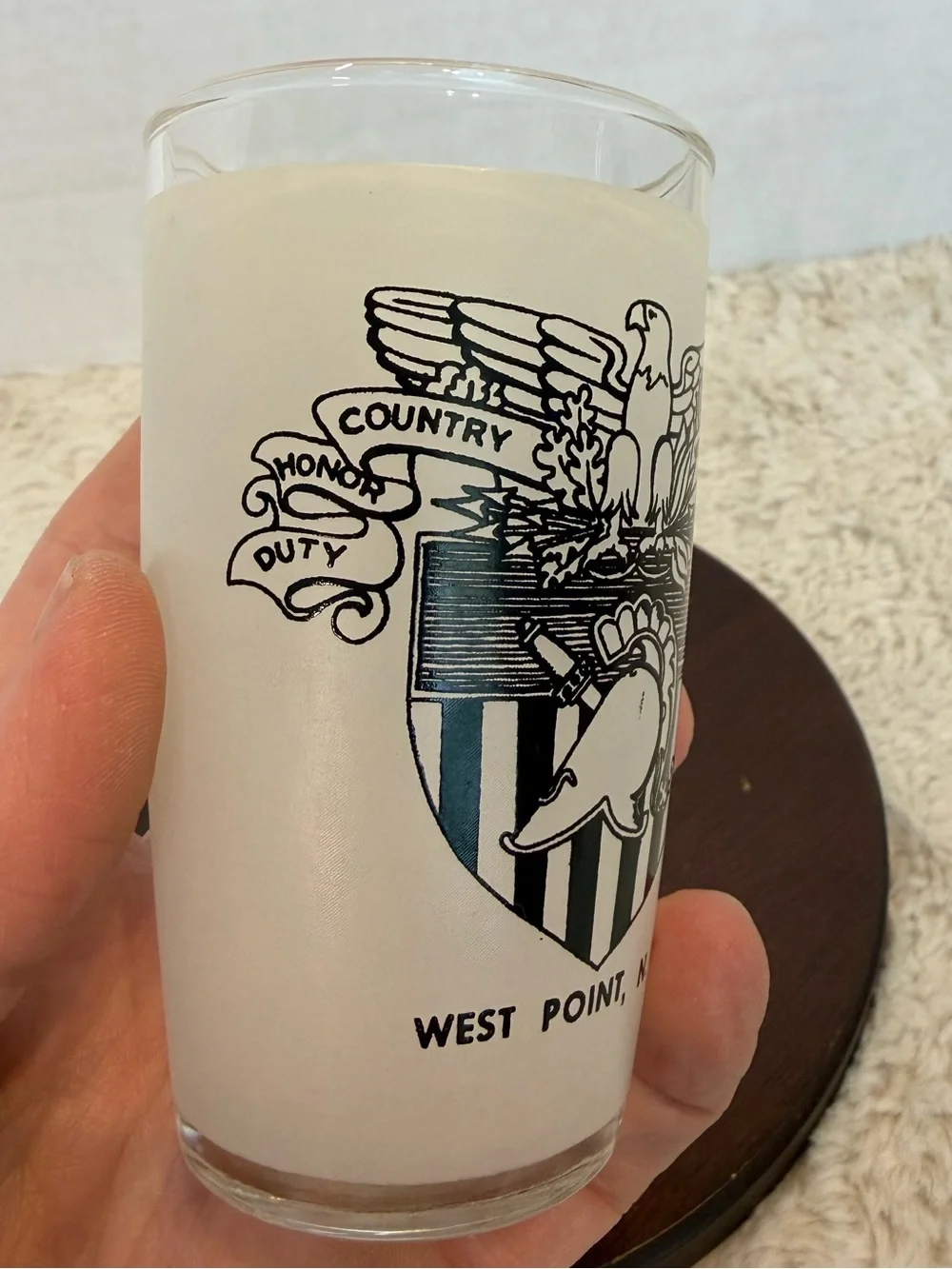 Vintage frosted souvenir West Point Military Academy tumbler with black crest